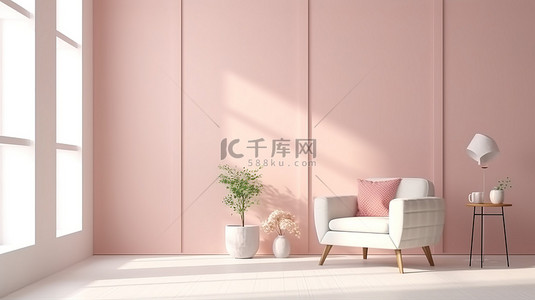 Scandiboho 风格的扶手椅 3D 渲染温馨的样机房间，采用浅色柔和的颜色，空墙