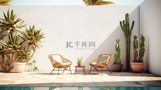 墨西哥仙人掌背景图片_墨西哥风格 3D 渲染自然封闭的现代露台，配有泳池仙人掌草坪椅和白色瓷砖地板