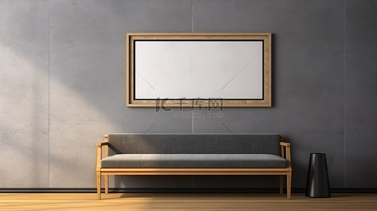 空白相框背景图片_悬挂在面向长凳的墙上的空白相框的 3D 渲染