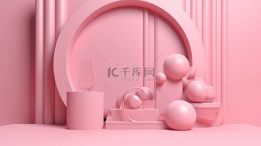 刘邦石像背景图片_项目完美的粉红色领奖台的 3d 渲染与水磨石像圆形背景拱环和闪亮的飞行球体在柔和的粉红色背景