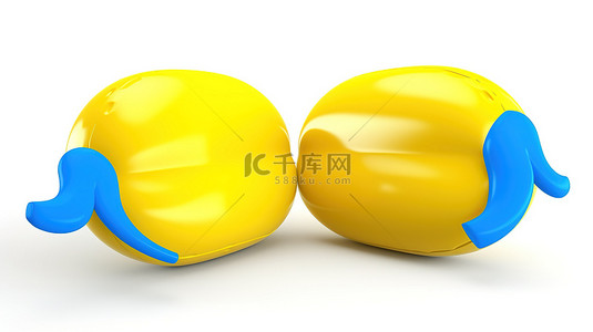 蓝色和黄色的可爱聊天气泡气球消息的 3D 插图，白色背景上的社交媒体图标
