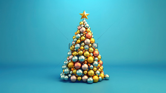 喜庆节日快乐背景图片_喜庆的蓝色工作室背景展示了用彩色球制作的 3D 渲染圣诞树