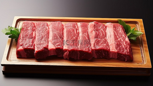 炭烧澳洲牛肋骨背景图片_木盘生牛肉片 150 克