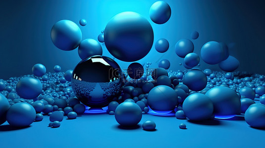 蓝色圆形形状和纹理蓝色球体在一组中，以蓝色抽象背景为背景，令人印象深刻的 3D 插图