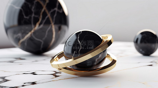 白色大理石背景上环绕黑色大理石球体的金戒指 3d 渲染行星艺术