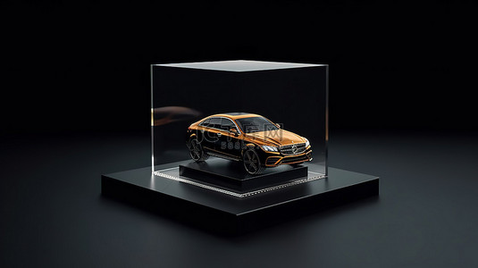 比例鱼缸背景图片_玻璃盒模型的 3D 渲染，具有时尚的黑色讲台，用于产品展示或比例汽车模型