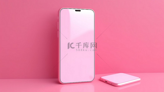 粉色红色柔和背景上的简约 3D 智能手机渲染，用于应用程序显示和信息图形