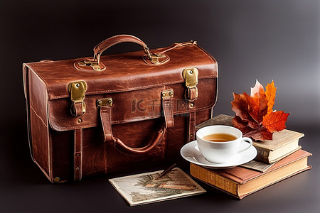 落叶银杏背景图片_一个棕色的手提包书和一杯咖啡