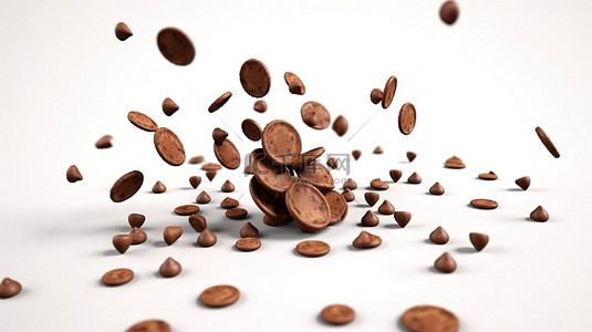 脆饼背景图片_飞行中巧克力片散落在孤立的白色地板上的 3D 插图