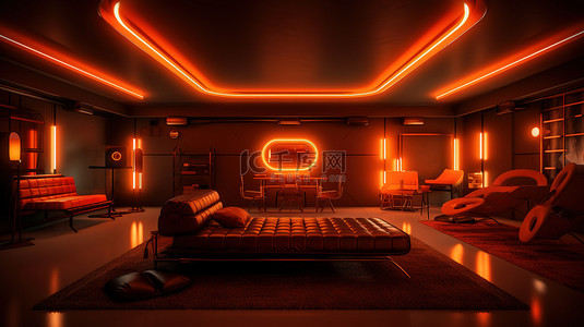 聚光灯背景舞台背景图片_带有充满活力的橙色霓虹灯的生产陈列室的 3D 渲染