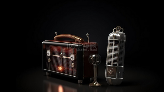黑色背景下经典收音机和老式麦克风的 3D 渲染
