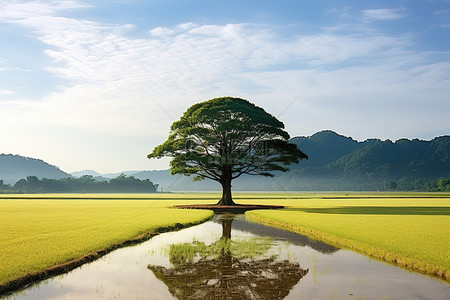 一棵树矗立在美丽的稻田中央