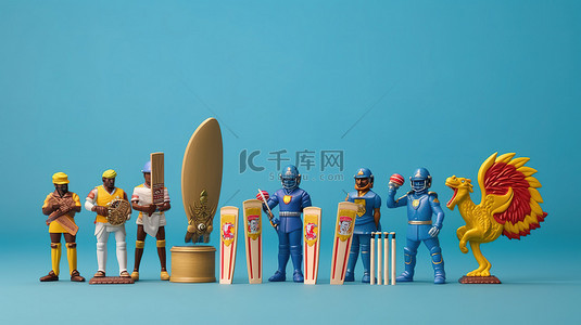 斯里兰卡和纳米比亚的板球队带着 3D 风格的设备和浅蓝色背景的复制空间参加比赛