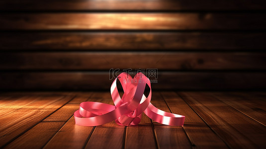 3D 渲染的红丝带象征木桌背景上的乳腺癌意识