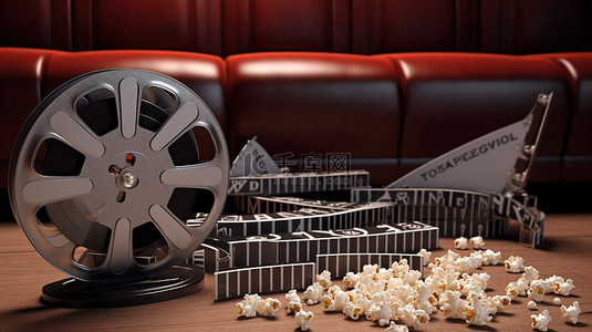 影院必备 3d 电影卷轴爆米花和剧院座位上的场记板
