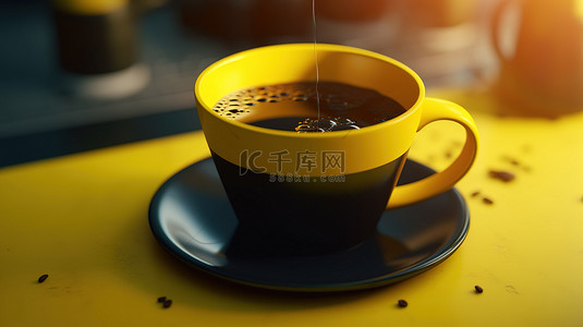 最美工作瞬间背景图片_黄杯黑咖啡在 3D 中渲染的生产力和放松的概念图像