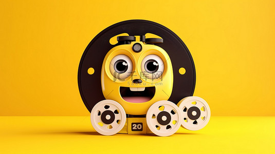 卷轴卷背景图片_动画闹钟吉祥物拿着电影卷轴和胶片磁带，背景是使用 3D 技术创建的充满活力的黄色背景