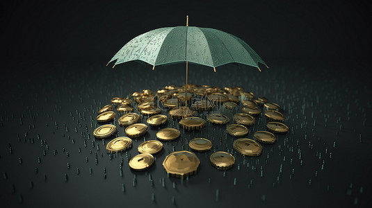加密货币雨伞保护系绳硬币免受雨淋 3D 插图