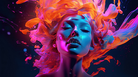 海报浅背景图片_带有霓虹灯颜色的发光抽象肖像具有流体图形形状的未来派 3D 插图