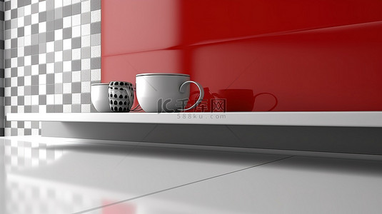 桌子面特写背景图片_简约的红色厨房柜台，带有单色平面装饰墙，特写 3D 渲染