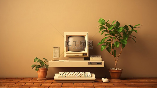 老式计算机背景图片_带有空白区域的老式计算机模型的 3D 渲染