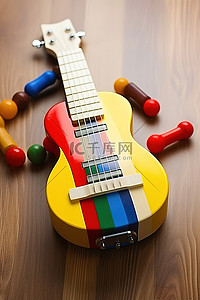 木制表面上的塑料吉他和配件