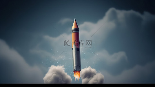 烟创意背景图片_具有创意概念的铅笔火箭起飞的 3D 渲染