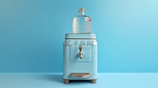 蓝色背景 3d 渲染的带瓶子的水冷却器的老式照片