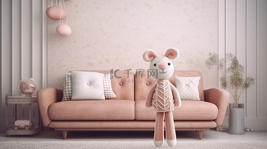 客厅沙发装饰，配有可爱的驯鹿娃娃 3D 渲染艺术品