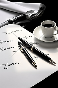书面的商业概念和咖啡桌上的商业笔