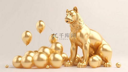 上新日背景图片_3D 金色老虎雕像，带有逼真的气球小球和白色背景上的文字空间
