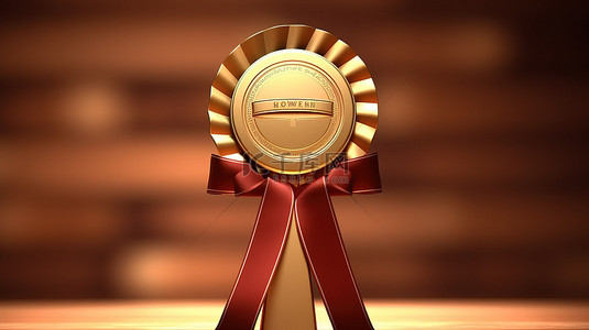 3d 渲染棕色背景与金奖奖杯红色玫瑰丝带和获奖者标志
