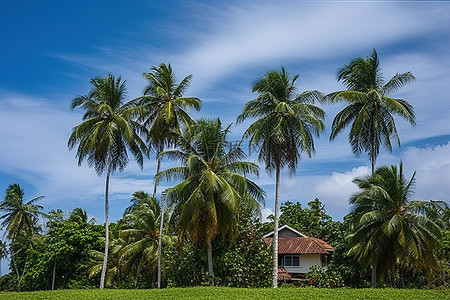 云树木背景图片_绿色草坪上的一栋房子附近有椰子树，上面有蓝天