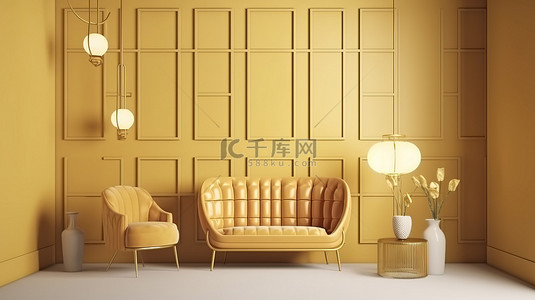 浅黄色家居背景图片_浅黄色的豪华生活角落装饰着方形图案墙 3D 渲染插图和室内场景模型