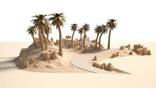 创意旅行和旅游道路设计与棕榈树令人惊叹的 3D 插图孤立的沙漠