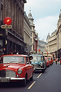 红色和黑色的经典汽车沿着城市街道行驶