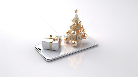 圣诞科技背景图片_节日 3D 渲染手机，配有圣诞装饰树和白色背景的礼物