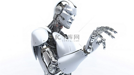 白色背景，带有人工智能机器人或空手站立的机器人的 3D 渲染