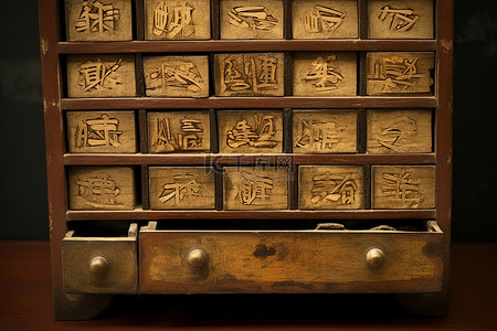 带中文刻字的旧木柜