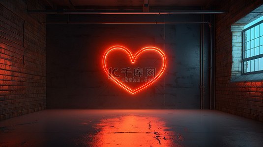情人节概念复古霓虹灯心在水泥墙上 3D 贺卡插图