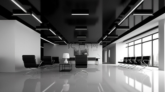 黑白办公室的当代 3D 渲染，配有时尚的白色地板和时尚的黑钢元素
