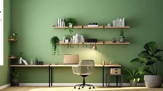 绿墙背景图片_时尚的工作空间，具有现代装饰和时尚的绿墙 3D 概念