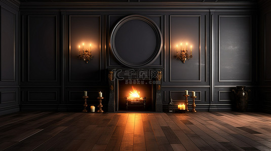 黑色房间背景图片_优雅的黑色房间设有门镶木地板和带照明蜡烛的壁炉 3D 渲染插图