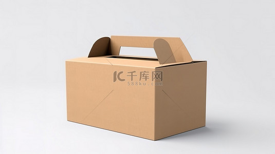 棕色包装背景图片_3D 渲染的棕色牛皮纸盒模型，带有黑色手柄，呈现独立的白色背景