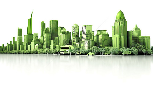 白色背景下绿色城市景观的城市丛林 3D 渲染