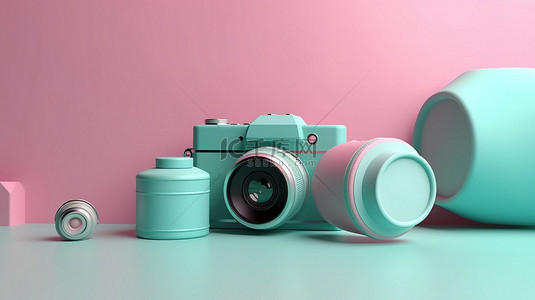 简约 3D 渲染中粉色和绿松石背景的柔和相机