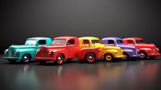 儿童玩具汽车背景图片_各种儿童汽车模型赛车卡车皮卡消防员复古游乐设施和敞篷车的充满活力的 3D 渲染