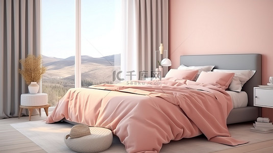 生活卧室背景图片_带粉色毯子和框架模型的卧室的 3D 渲染