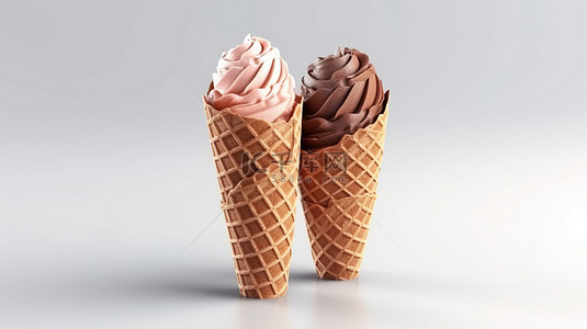 经典食物背景图片_3D 渲染的巧克力软服务在经典的华夫饼锥体中
