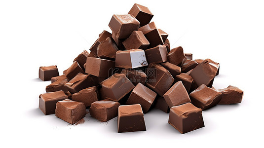 筹码巧克力背景图片_带有堆积和堆放巧克力块的孤立背景的 3D 插图